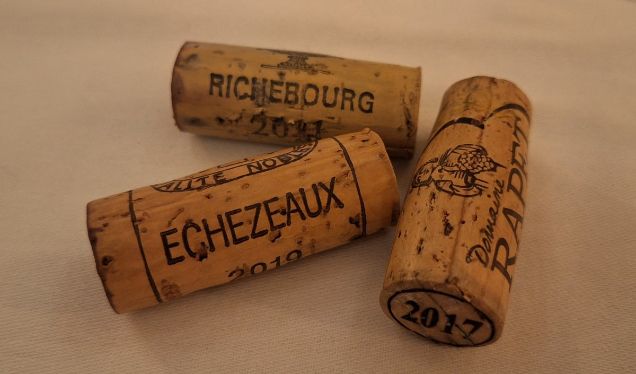 A collection of premium Burgundy wine corks including Richebourg Grand Cru and Echezeaux Grand Cru, prepared for an advanced and thematic wine tasting journey with Celine Dandelot.
