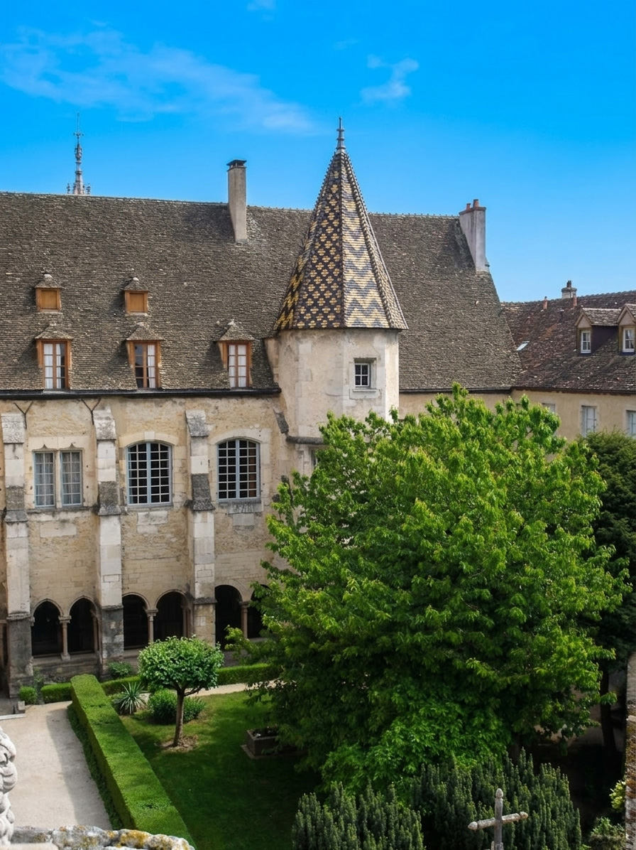 Breathtaking view of a historic building in Beaune with traditional Burgundy glazed tile roofs and medieval stone architecture under a blue sky.