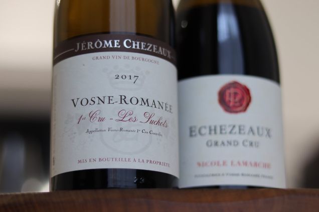 Side-by-side comparison of Vosne-Romanée 1er Cru Les Suchots and Echezeaux Grand Cru by Nicole Lamarche for a Burgundy hierarchy wine tasting.