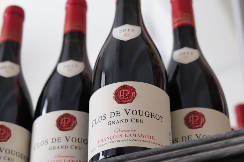 A vertical alignment of Clos de Vougeot Grand Cru bottles from Domaine François Lamarche, featuring different vintages for a rare Burgundy wine tasting experience.