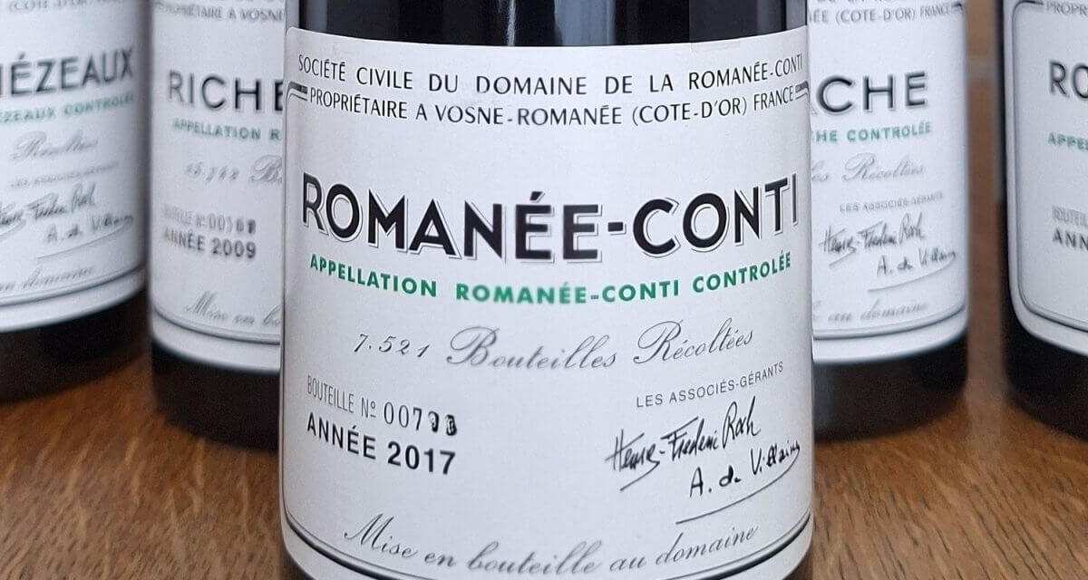 Label detail of a Romanée-Conti Grand Cru Monopole 2017 red wine bottle from Domaine de la Romanée-Conti